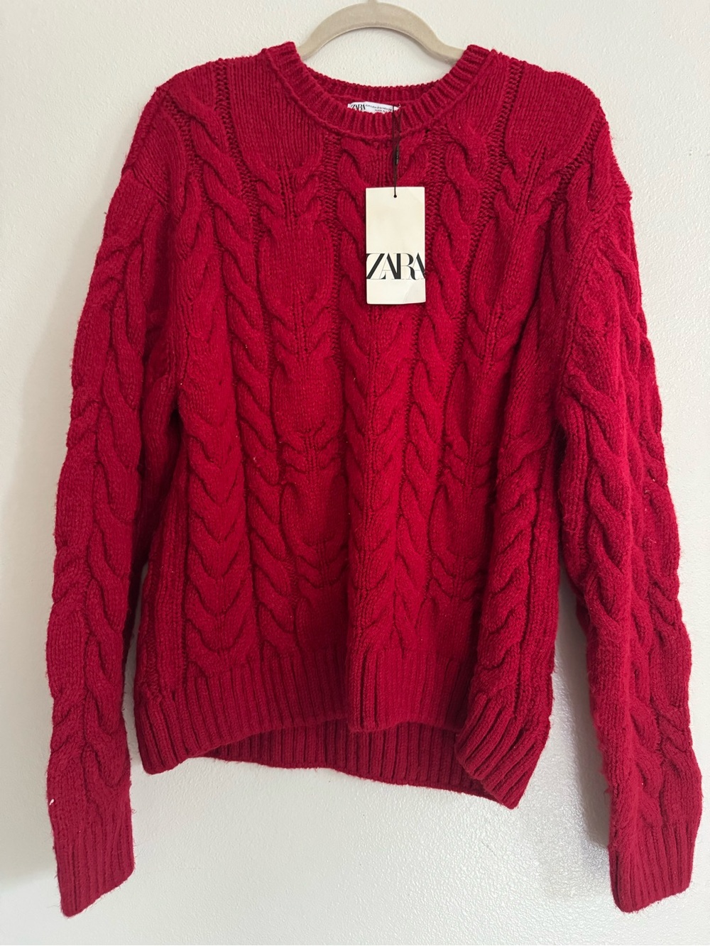 ZARA Bright Red Cable-Knit Crewneck Sweater